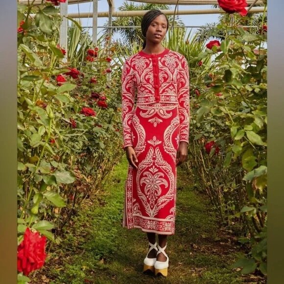 Farm Rio Tropical Jacquard Knit Cardigan Sweater Women's Size XL Red White - Picture 4 of 4